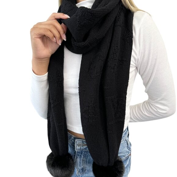 LOUIS VUITTON Vintage Monogram Escharpe Fur Scarf Shawl Black Cashmere [106439] - Picture 3 of 12